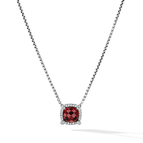 Petite Chatelaine® Pavé Bezel Pendant Necklace in Sterling Silver with Rhodolite Garnet and Diamonds