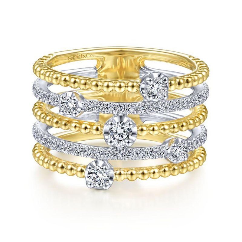 14k Two Tone Five Row Bujukan Ball and Diamond Station Ring