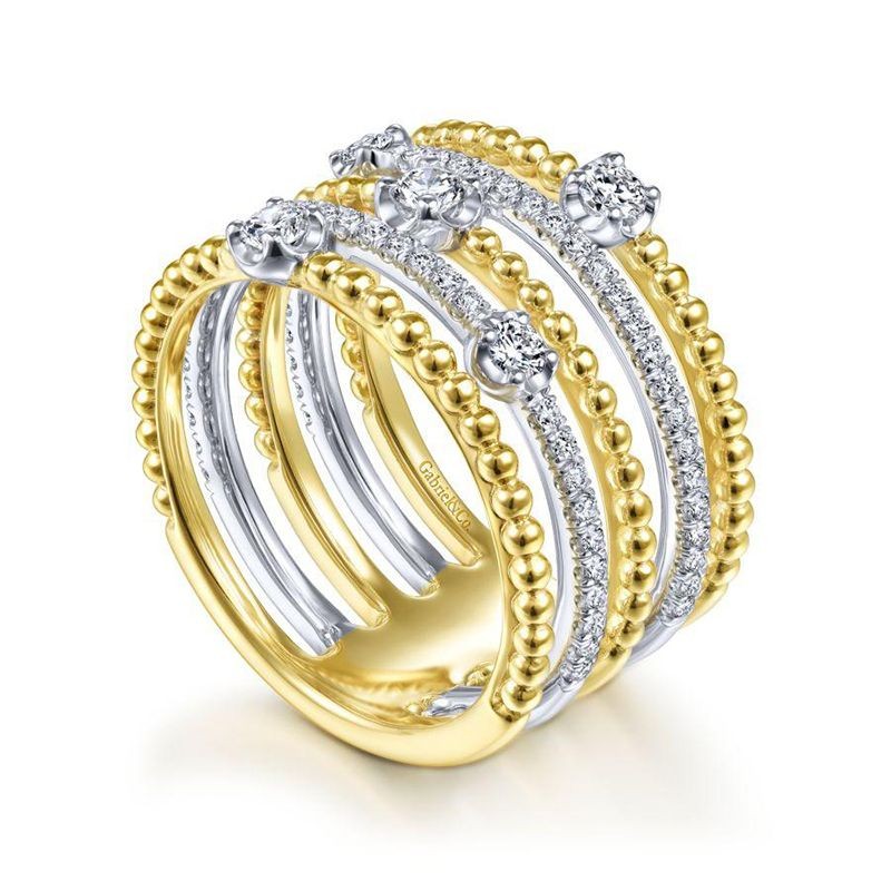 14k Two Tone Five Row Bujukan Ball and Diamond Station Ring