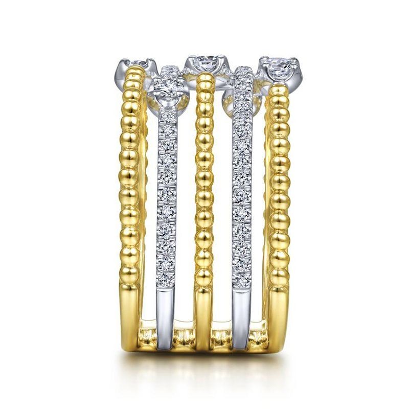 14k Two Tone Five Row Bujukan Ball and Diamond Station Ring