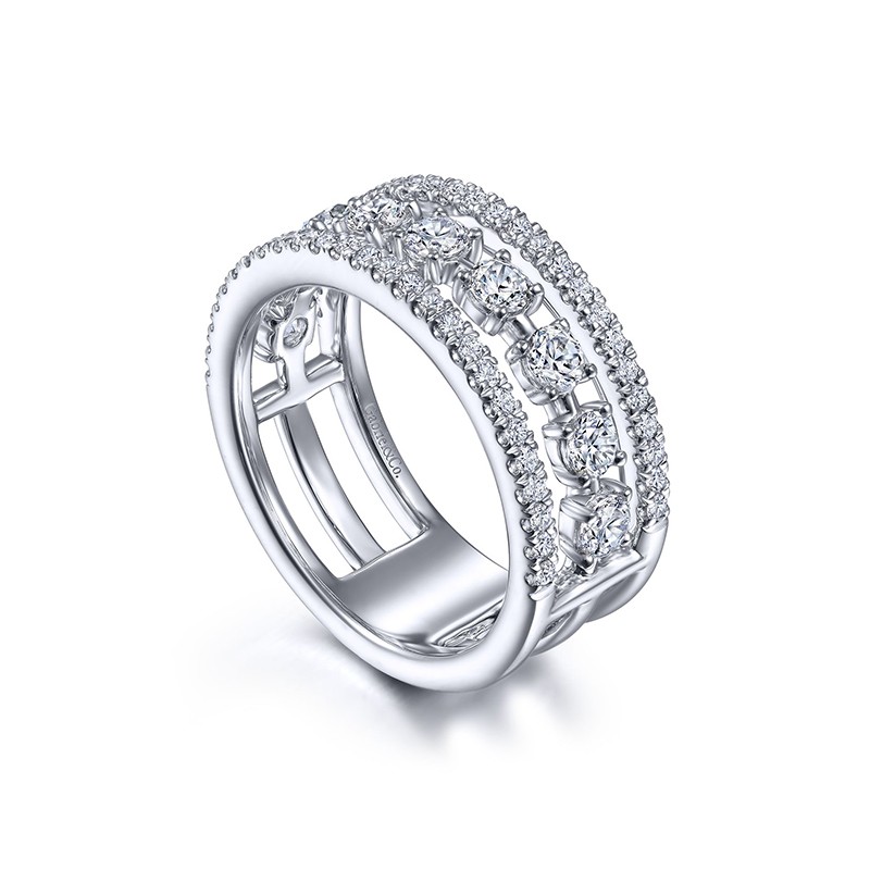 14K White Gold Three Row Diamond Station Ring