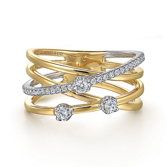 14K White and Yellow Gold Diamond Criss Cross Ladies Ring