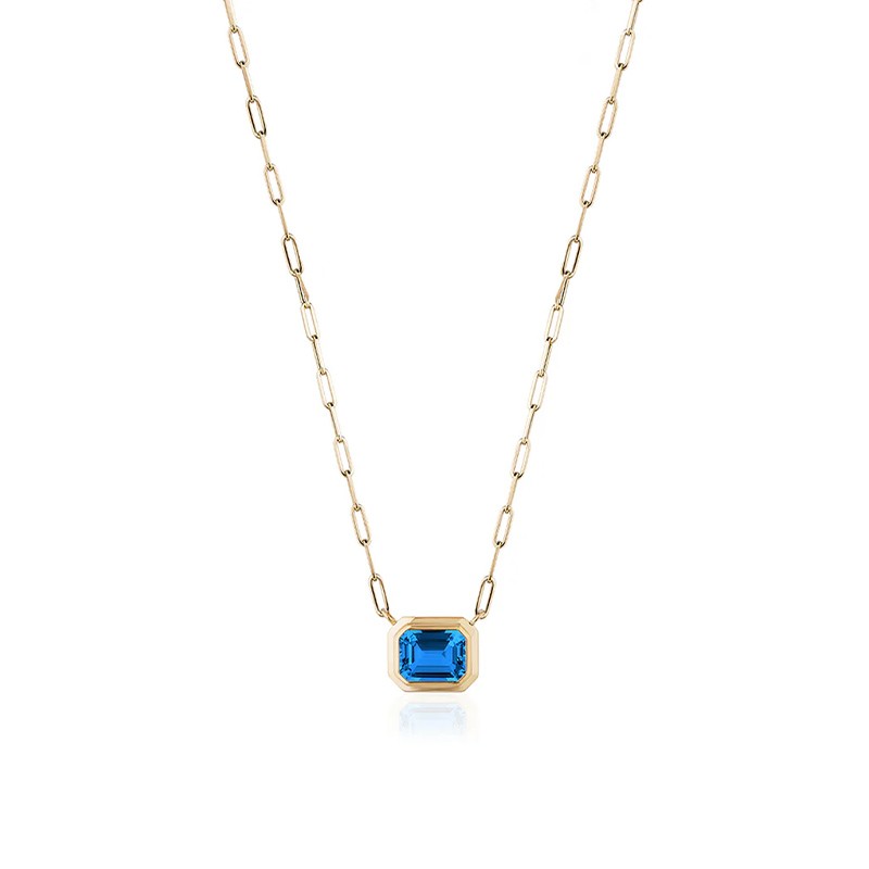 18K East-West Emerald Cut London Blue Topaz Bezel Pendant Necklace