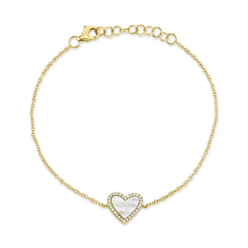 14K Yellow Gold Mother of Pearl Heart and Diamond Frame Bracelet