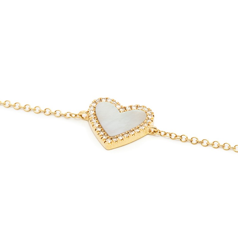 14K Yellow Gold Mother of Pearl Heart and Diamond Frame Bracelet