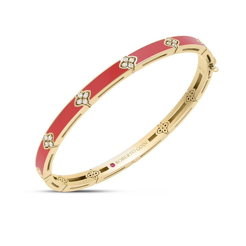 18K Yellow Gold Love in Verona Diamond and Coral Enamel Bangle