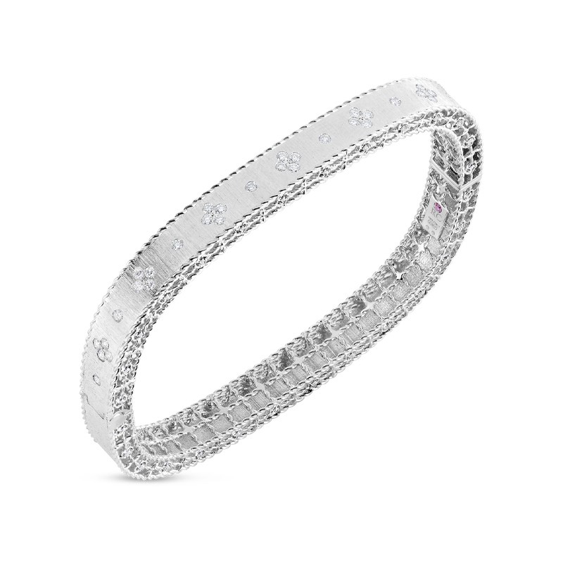 18K White Gold Princess Satin Fleur De Lis Diamond Slim Bangle