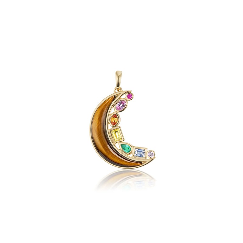 18K Yellow Gold Tiger's Eye Multi Stone Crescent Pendant