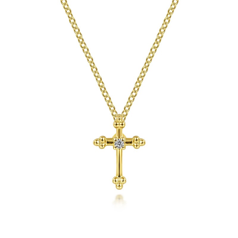 14K Yellow Gold Beaded Diamond Cross Pendant Necklace