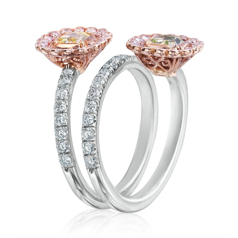 Green Yellow and Pink Diamond Bypass Ring