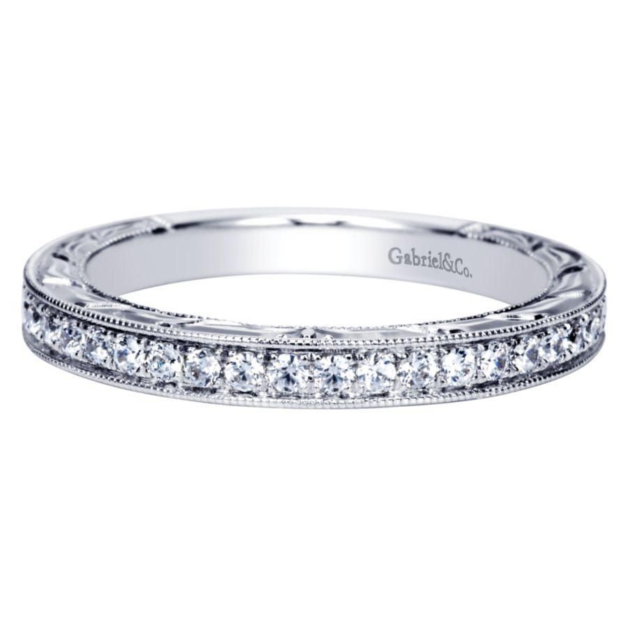 14K White Gold Hand Engraved Diamond Wedding Band