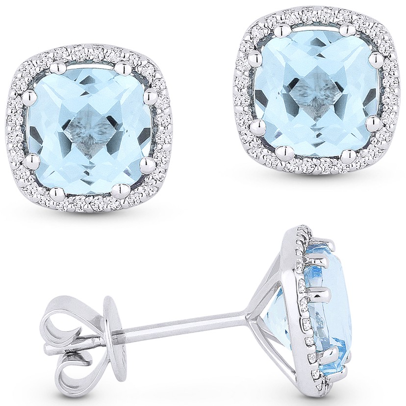14k White Gold Cushion Cut Blue Topaz Stud Earrings