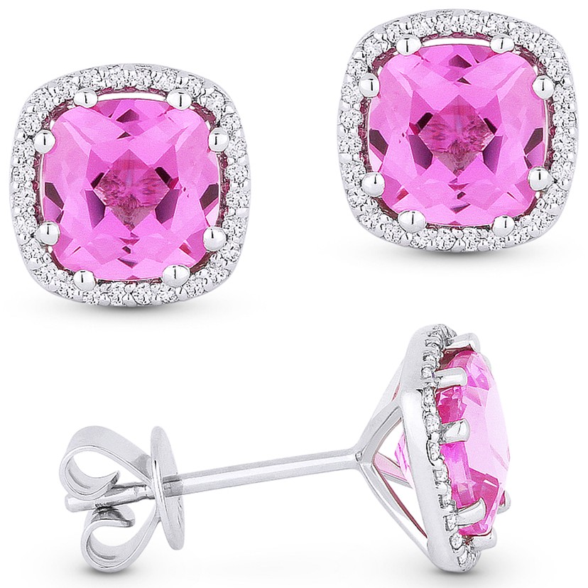 14k White Gold Cushion Cut Pink Corundum Stud Earrings