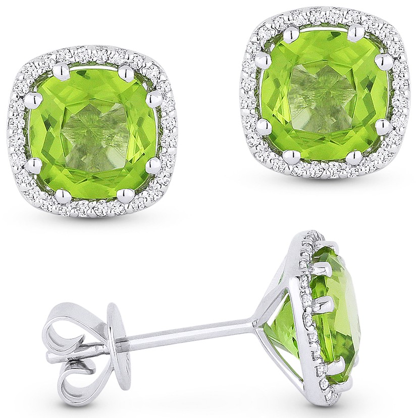 14k White Gold Cushion Cut Peridot Stud Earrings with Diamond Frame