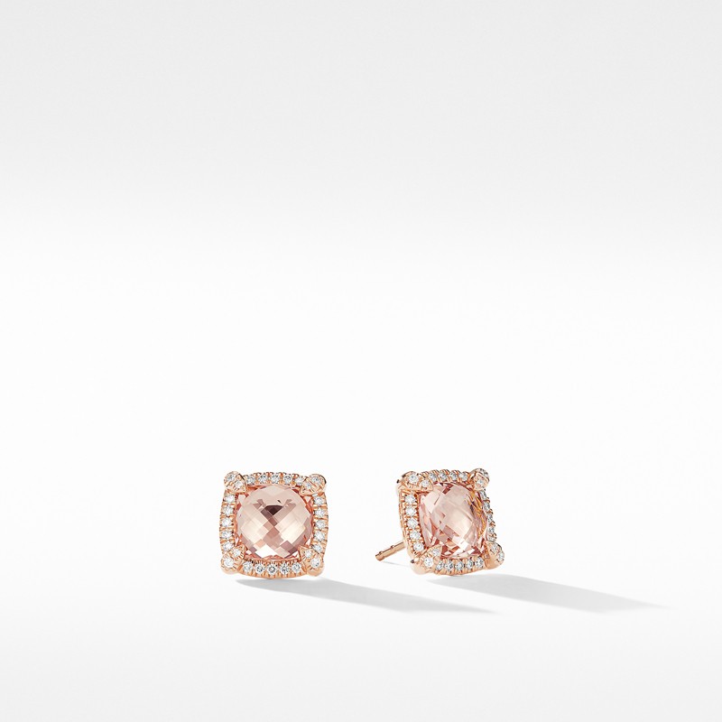 Chatelaine Pavé Bezel Stud Earrings in 18K Rose Gold with Morganite