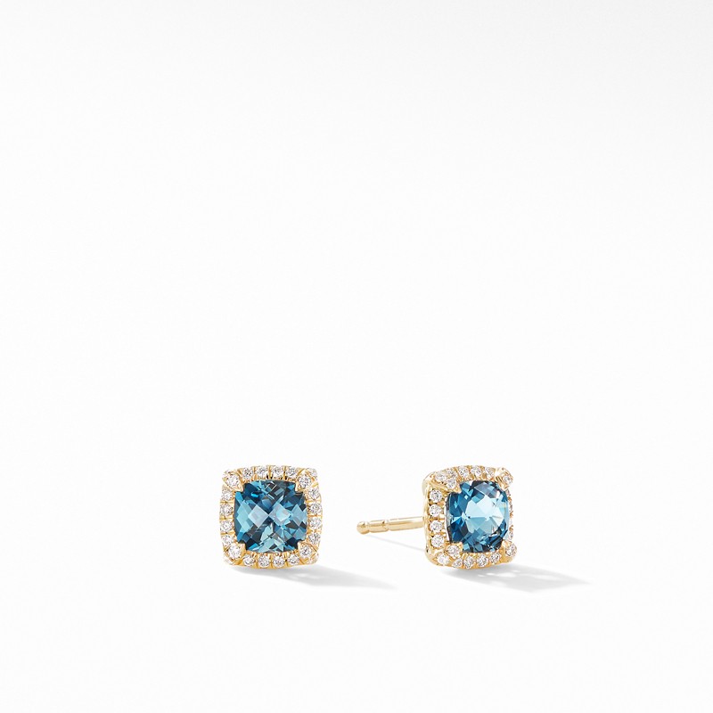 Petite Chatelaine® Pavé Bezel Stud Earrings in 18K Yellow Gold with Hampton Blue Topaz