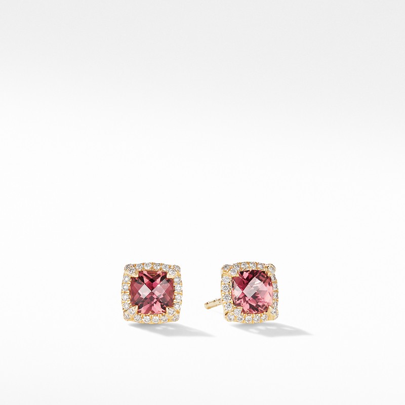 Petite Chatelaine® Pavé Bezel Stud Earrings in 18K Yellow Gold with Pink Tourmaline
