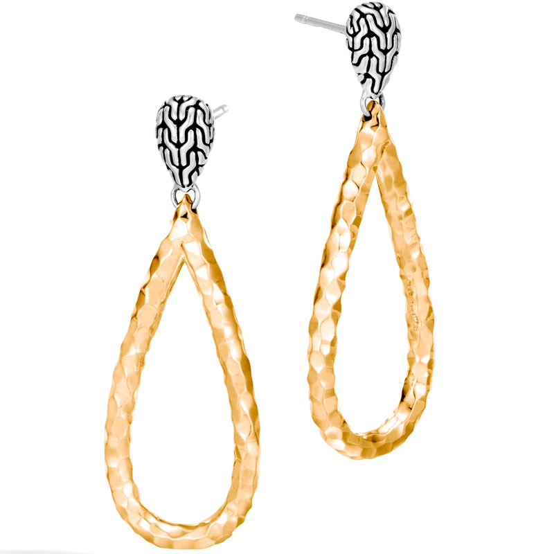 Hammered 18k Yellow Gold Open Teardrop Earrings 