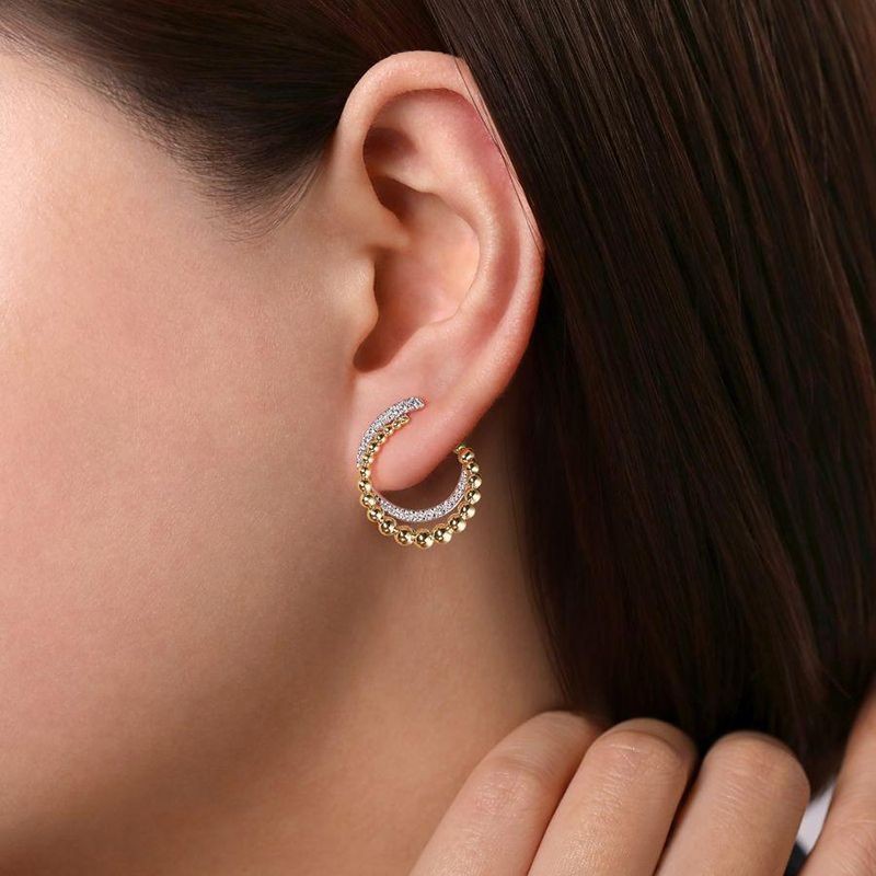 Yellow Gold Open Double Row Ball and Diamond Post Earrings