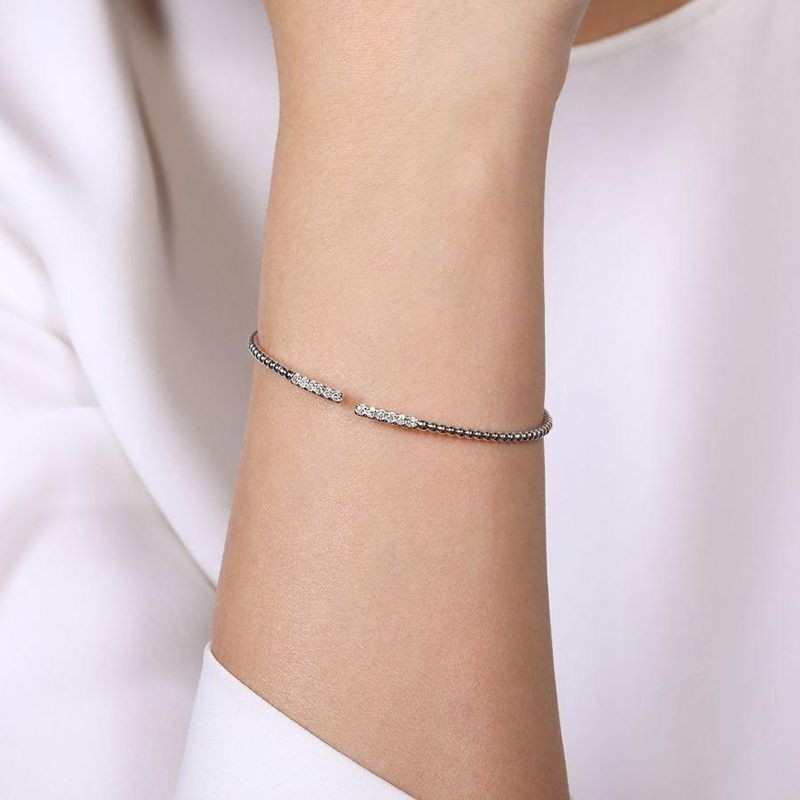 White Gold Bujukan Bead Cuff Bracelet with Diamond Pave Bars