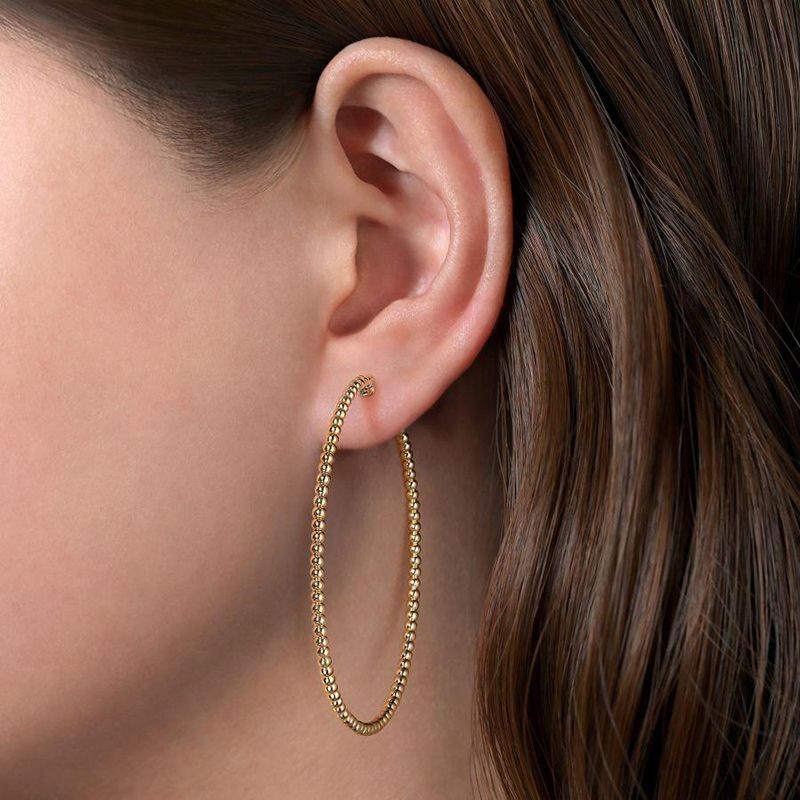 Yellow Plain Gold 40mm Beaded Round Hoop Earrings