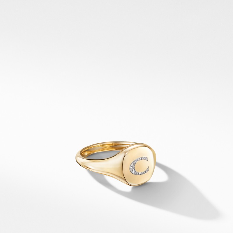 Mini DY Initial Pinky Ring in 18K Yellow Gold with Diamonds