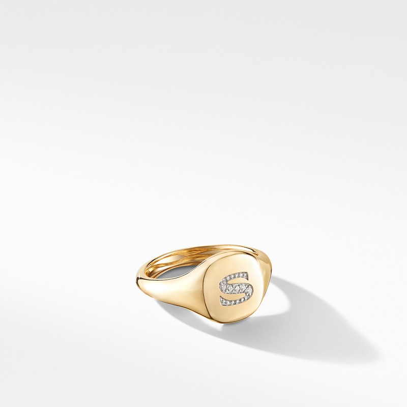 Mini DY Initial Pinky Ring in 18K Yellow Gold with Diamonds