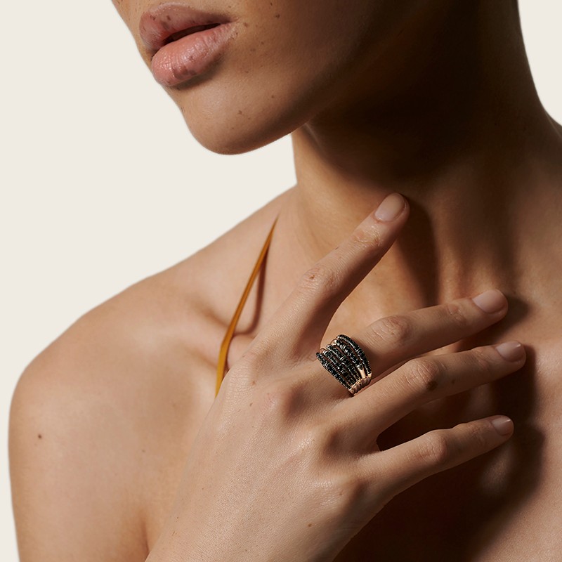 Bamboo Silver Lava Black Sapphire Ring