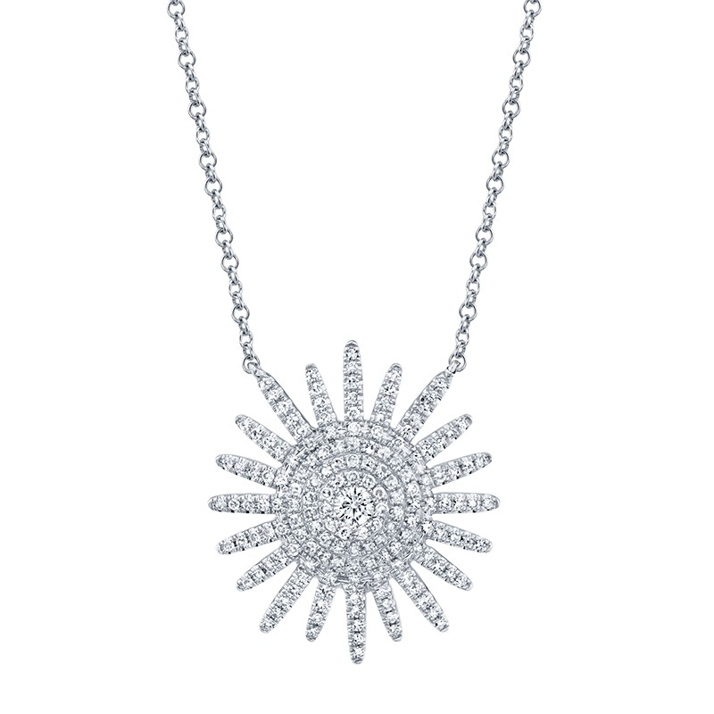 White Gold and Diamond Round Starburst Necklace