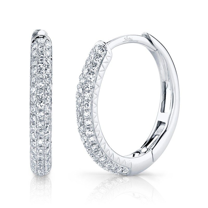 White Gold and Diamond 3 Row Round Huggie