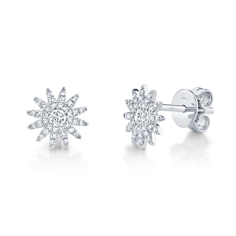 White Gold and Diamond Round Starburst Stud Earrings