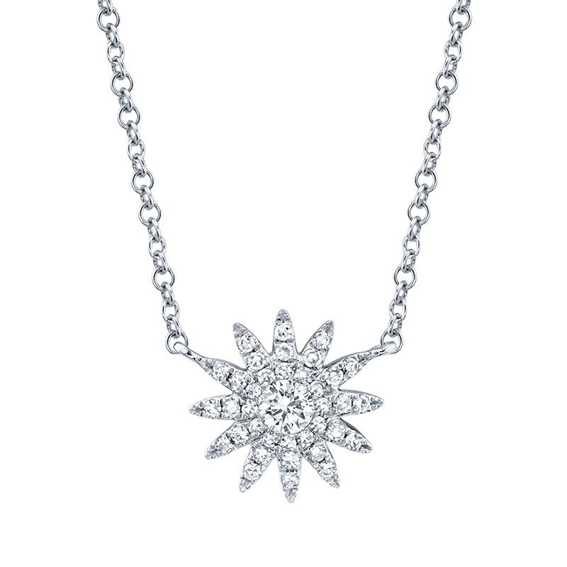White Gold and Diamond Round Starburst Necklace