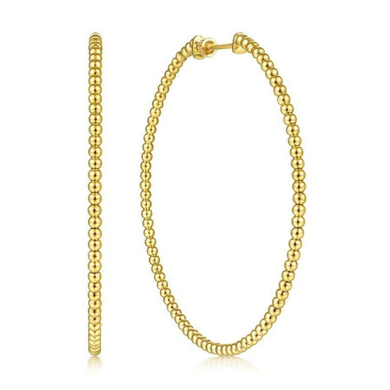 Yellow Plain Gold 40mm Beaded Round Hoop Earrings