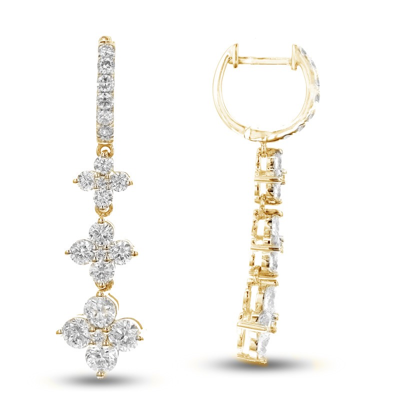 18k Yellow Gold Flower Diamond Drop Huggie Earrings