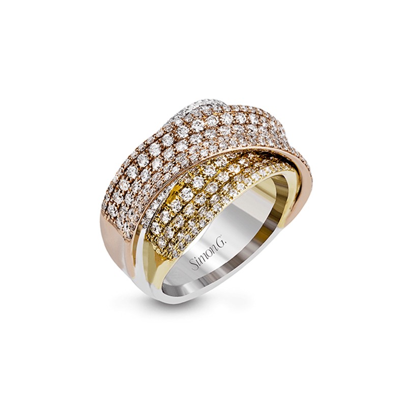 18k Tri Color 3 Row Diamond Crossover Ring