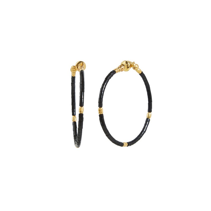 24k Yellow Gold Jet Bead Hoop Earrings