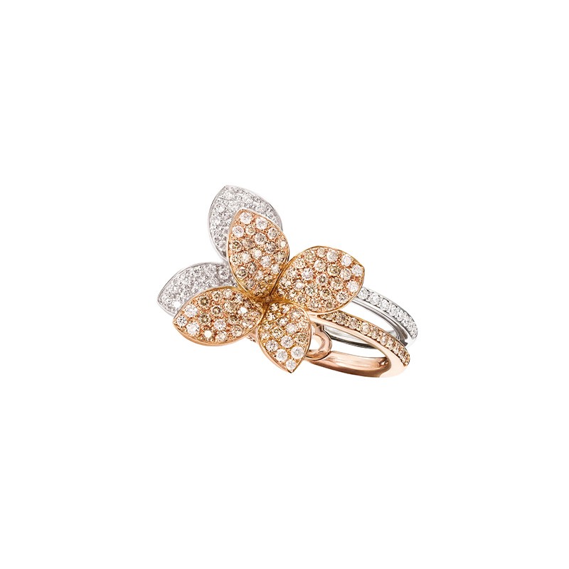 18K Rose Gold White and Champagne Diamond Small Flower Ring