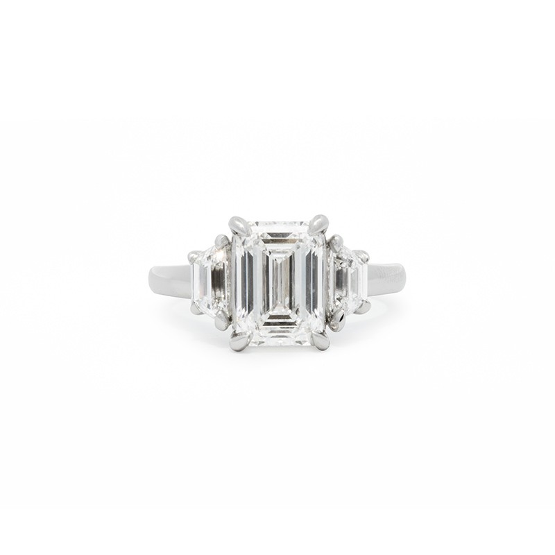 Platinum 3 Stone Emerald Cut Lab Engagement Ring