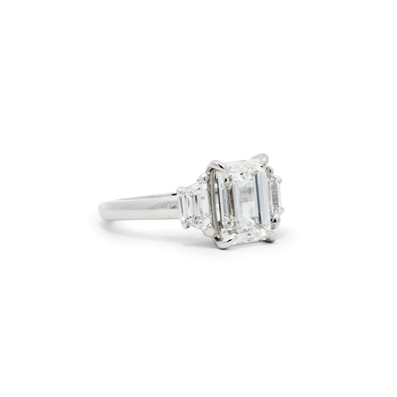 Platinum 3 Stone Emerald Cut Lab Engagement Ring