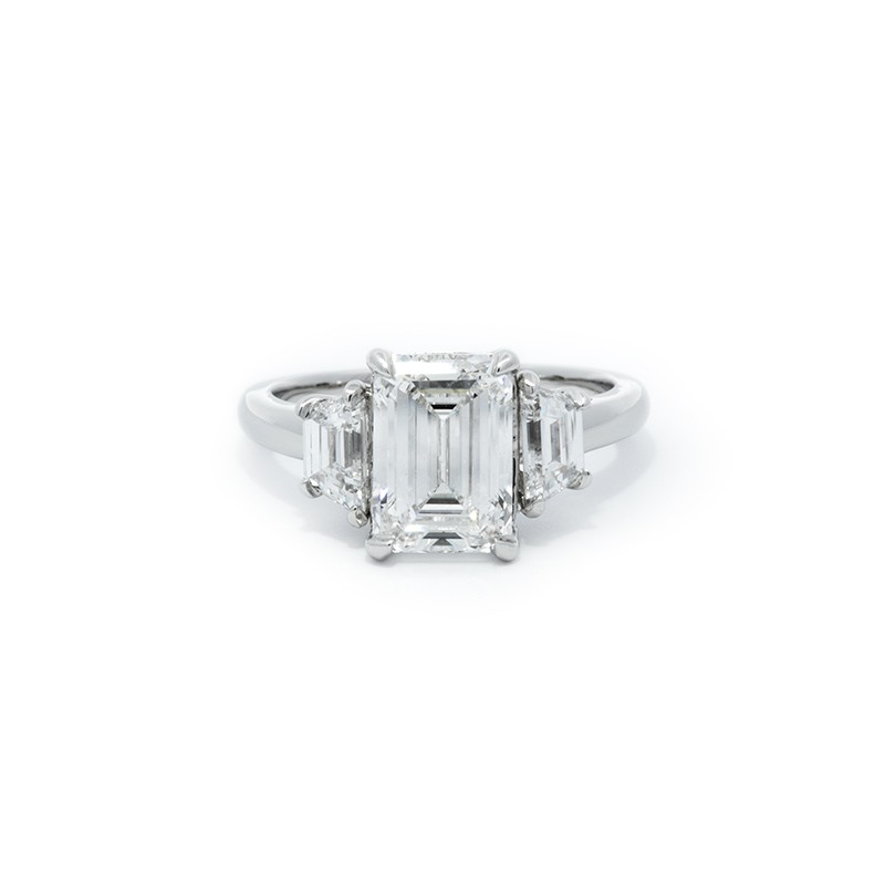 Platinum 3 Stone Emerald Cut Diamond Engagement Ring