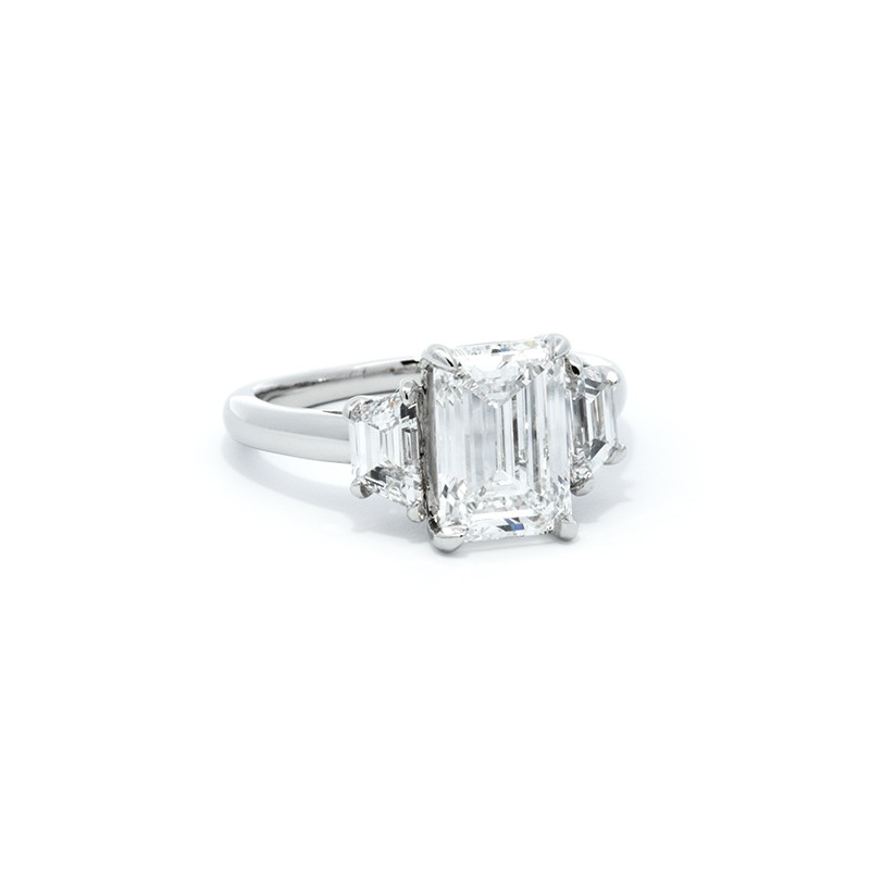 Platinum 3 Stone Emerald Cut Diamond Engagement Ring