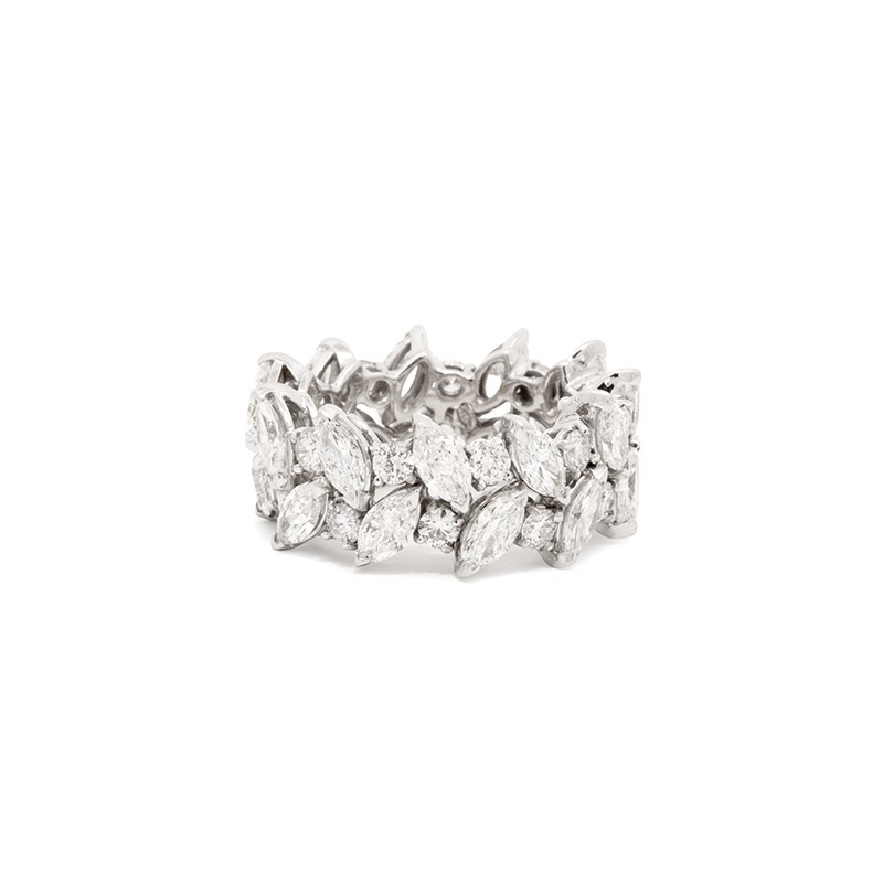  18K White Gold Alternating Marquise & Round Diamond Double Row Ring