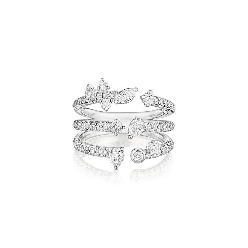 18K White Gold 3 Row Multi Shape Diamond Band 