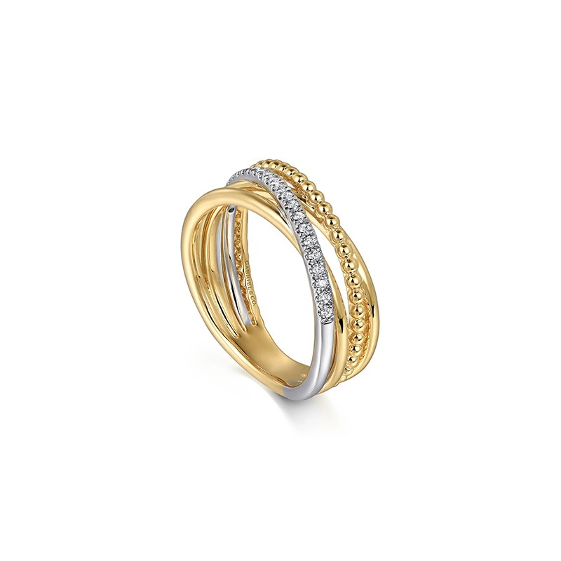 14K Two Tone Gold Diamond Criss Cross Ring