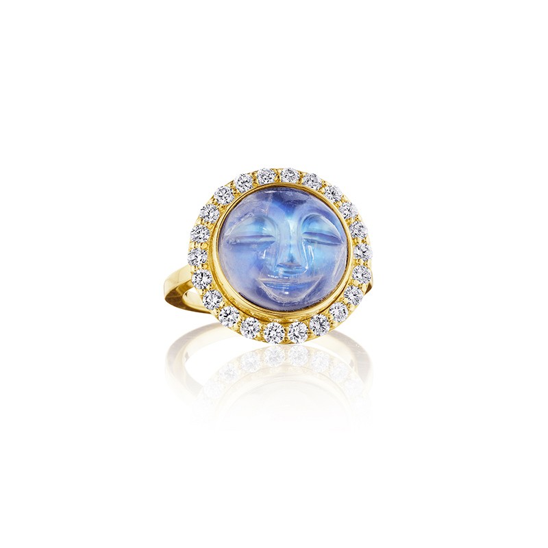 18K Yellow Gold Diamond and Moonstone Man in the Moon Ring