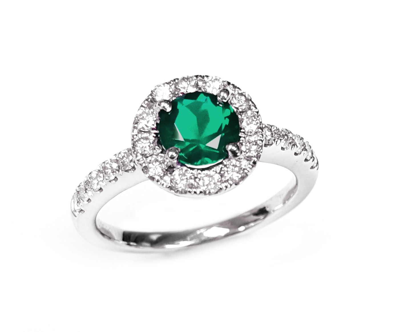 14K White Gold Emerald & Diamond Halo Ring