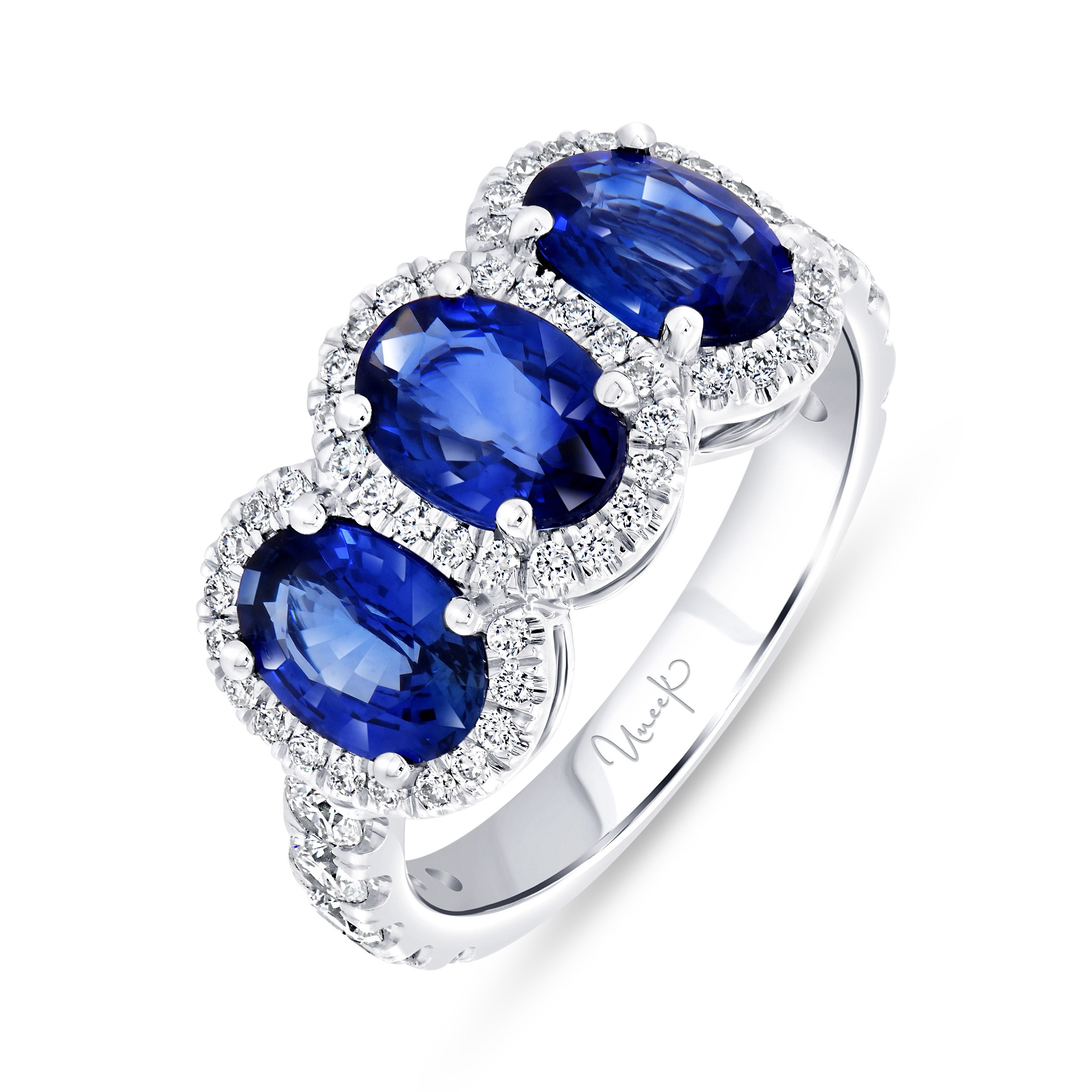 18k White Gold 3-Stone Sapphire and Diamond Halo Ring