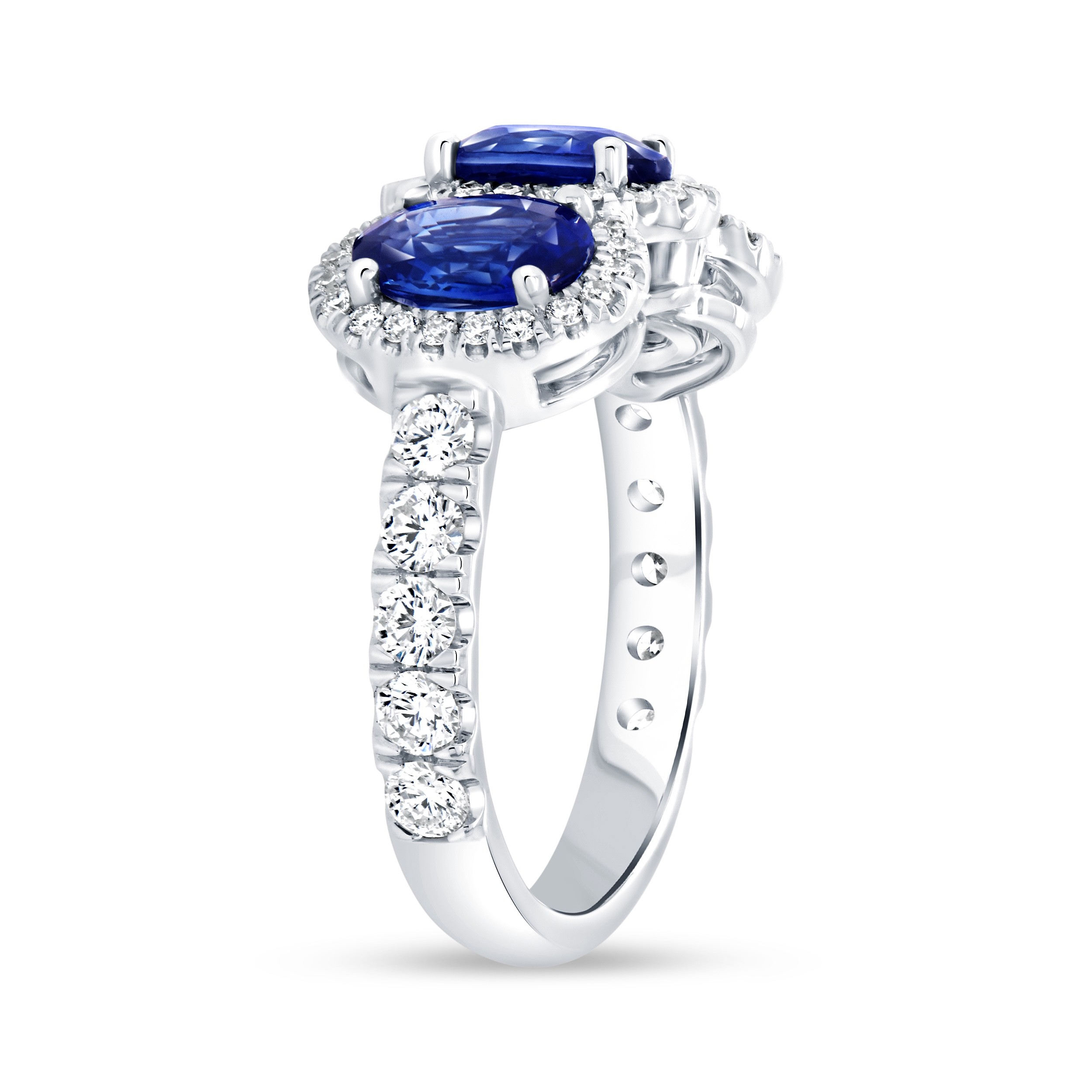 18k White Gold 3-Stone Sapphire and Diamond Halo Ring