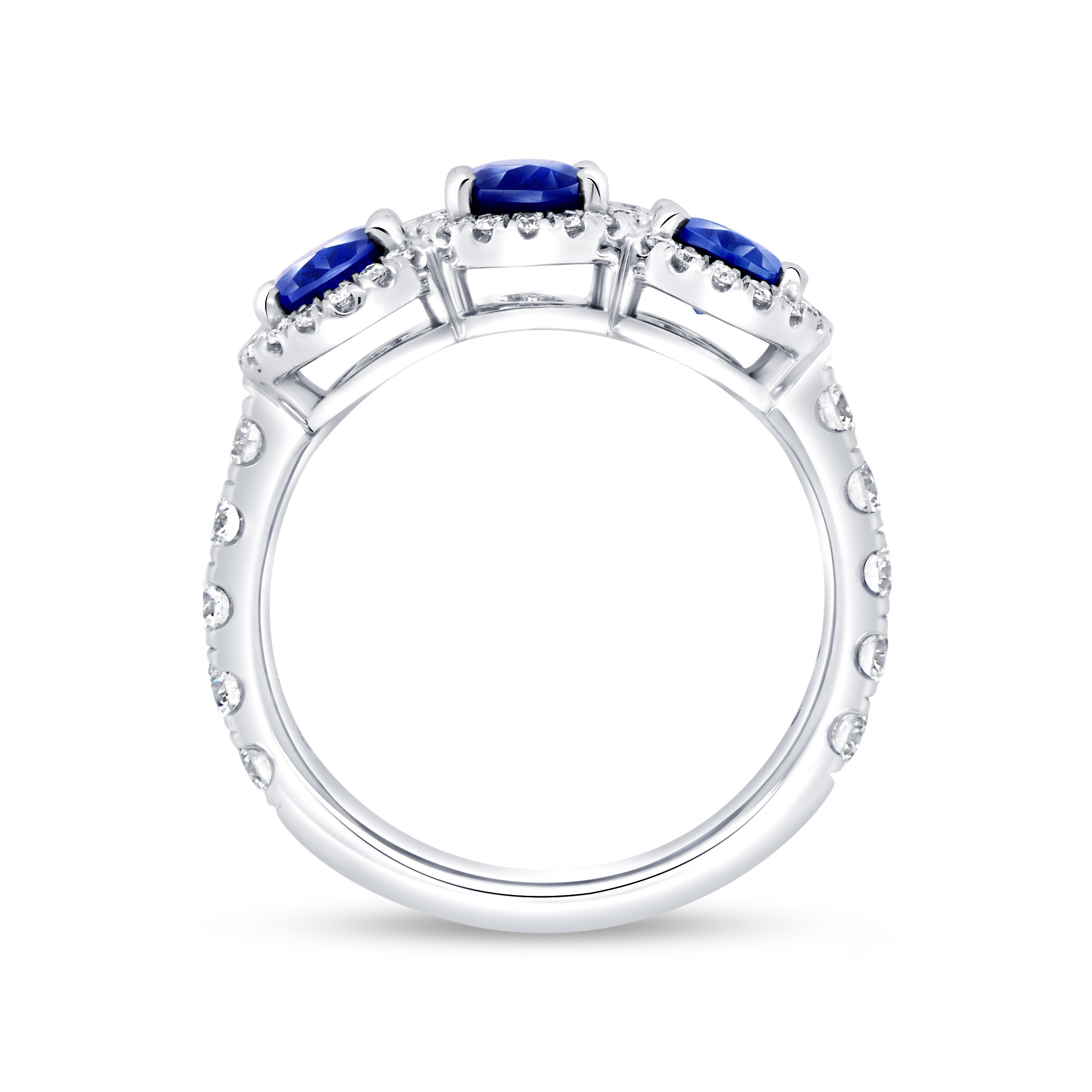 18k White Gold 3-Stone Sapphire and Diamond Halo Ring