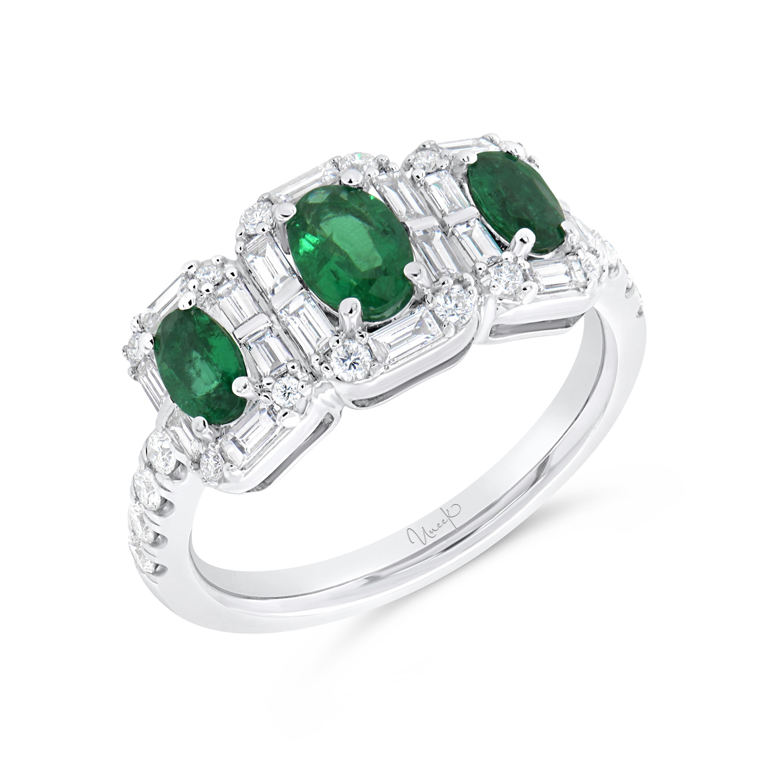 18k White Gold Emerald and Diamond 3 Stone Ring